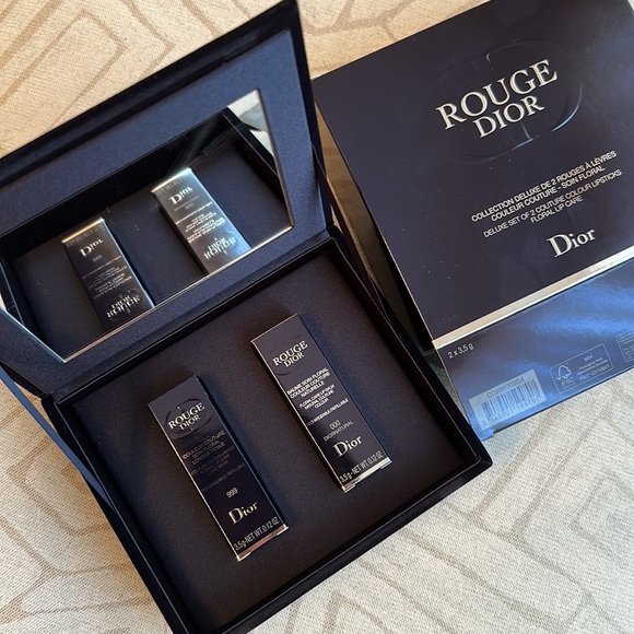 DIOR ROUGE Lipstick Set 999 Velvet 000 Clear Balm in Dior Logo Blue Velvet Box - Picture 2 of 7